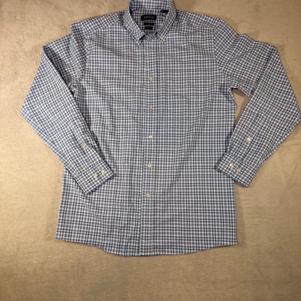 Orvis Active Fit Mens Medium Tall Blue White Gingham Button Down Shirt 3F1J FA24